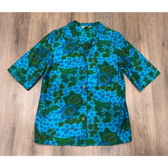 Vintage Royal Hawaiian Shirt Mens Medium Floral Map Blue Green Oahu Maui READ - Picture 1 of 11